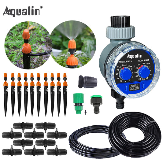 Micro Drip Plant Watering Kit DIY Garden Irrigation Mist Cooling System with Adjustable Nozzles and Water Timer Package - Aqualin Official Store